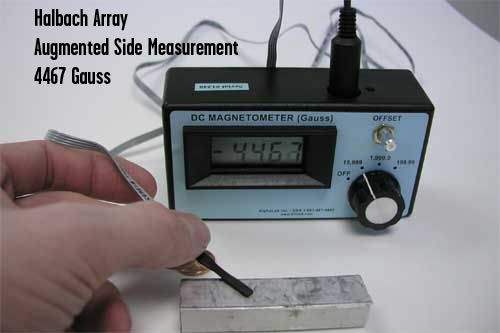 gaussmeter testing halbach array reading 4467 on strong side